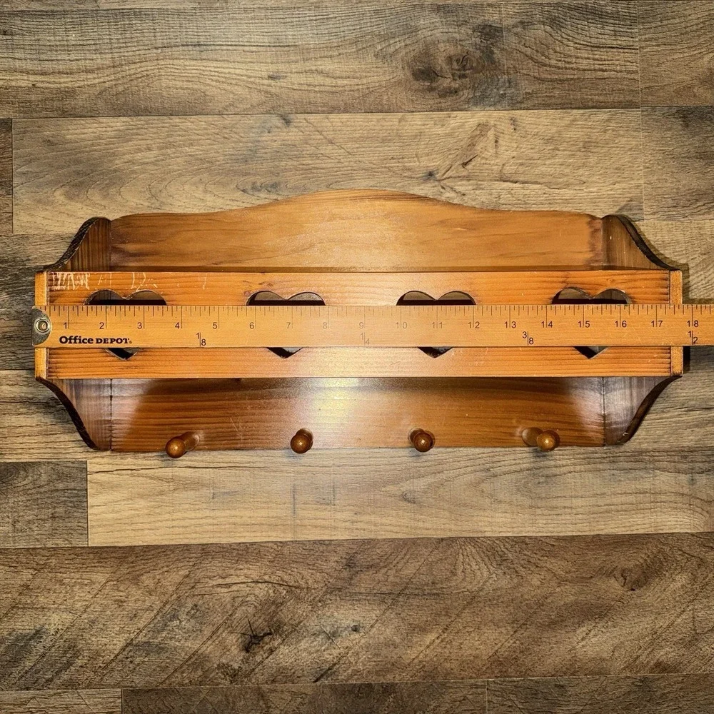 Vintage Wooden Heart Cut Out Peg Rack Trinket Shelf Wall Hanging Cottagecore 18